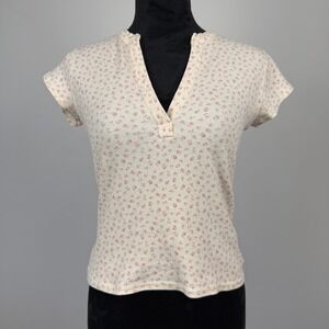 Y2K Ditsy Floral Ribbed V Neck Baby Tee Womens Small Cream Pink Crop Top